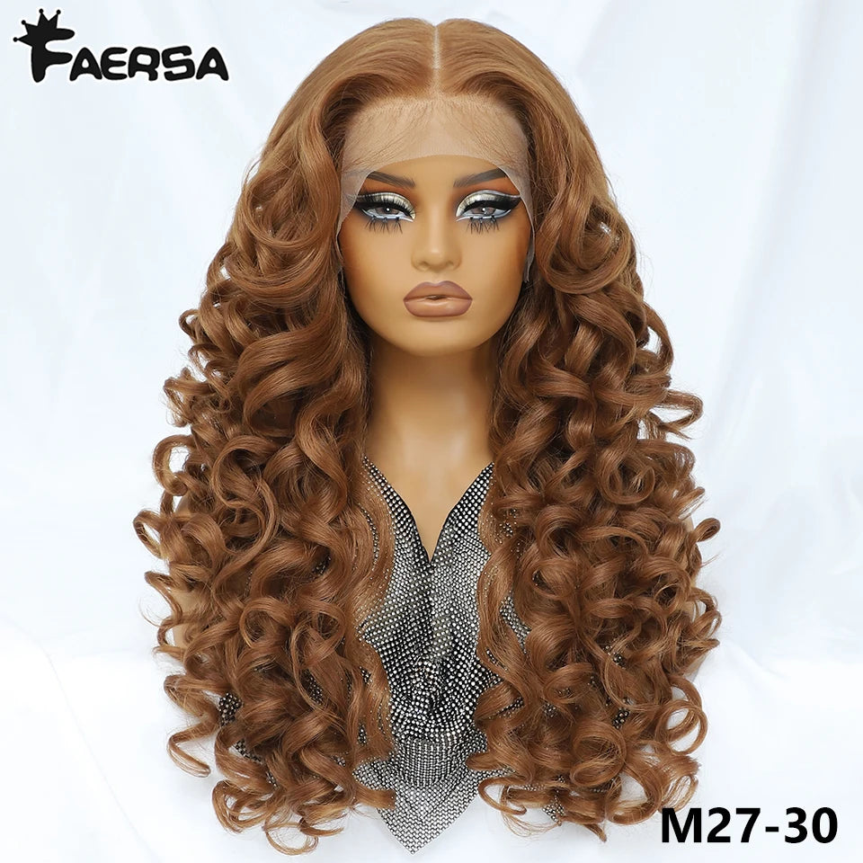 Latisha 13X6 HD Synthetic Lace Front Wigs Curly Pre Plucked Lace Frontal Wig with Bangs for Women Highlight with Babyhair 24Inch