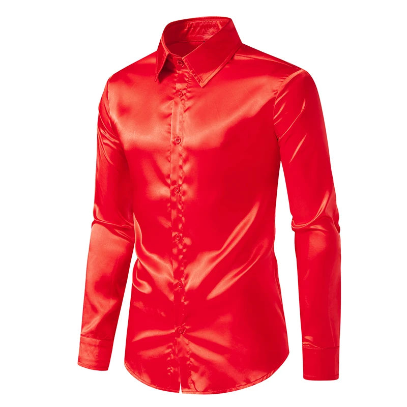 Men's Black Satin Luxury Dress Shirts Fashion Silk Smooth Tuxedo Shirt Solid Wedding Party Prom Casual Shirt Business Office