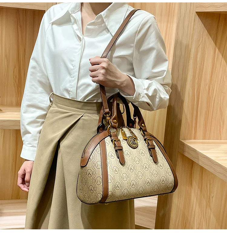 Khaki Retro Leather Women's Handbag Fashion Geometric Floral Girls Shoulder Bag Hundred Splicing Color Collision Girls Crossbody