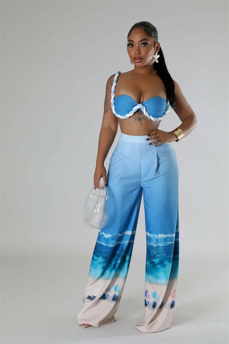 Sexy Nightclub Outfits for Women 2 Piece Set Birthday Vacation Bra Crop Top and Print Wide Leg Pants Matching Sets Beach Wear