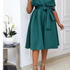 Dress Women Mid Length Dresses A Line Vestidos Slim Fit V Neck Short Sleeve Tight Waist Elegant Splice Lace Up Bow Summer