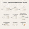 17 Piece Nonstick Skillet and Saucepan Set with Silicone Lid and Utensils Induction, Detachable Handle, Oven Available, Beige