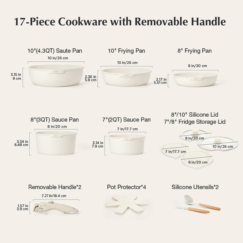 17 Piece Nonstick Skillet and Saucepan Set with Silicone Lid and Utensils Induction, Detachable Handle, Oven Available, Beige