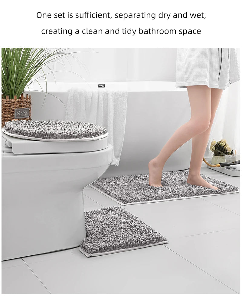 3-piece bathroom chenille floor mat, absorbent anti slip bathroom carpet, bathroom U-shaped foot mat, toilet lid, TPR anti slip
