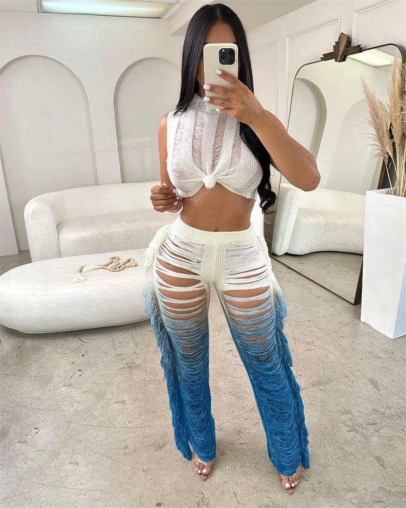 Gradient Color Crochet Two Piece Set for Women Summer Beach Crop Top and Wide Leg Pants Tassel Hollow Out Hole Vacation Outfits