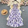2024 New Summer Korean Fashion Rose Flower Print Romantic Retro Party Dress Elastic High Waist Vacation Long Dress Beach Vestido