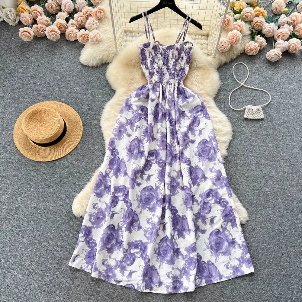 2024 New Summer Korean Fashion Rose Flower Print Romantic Retro Party Dress Elastic High Waist Vacation Long Dress Beach Vestido
