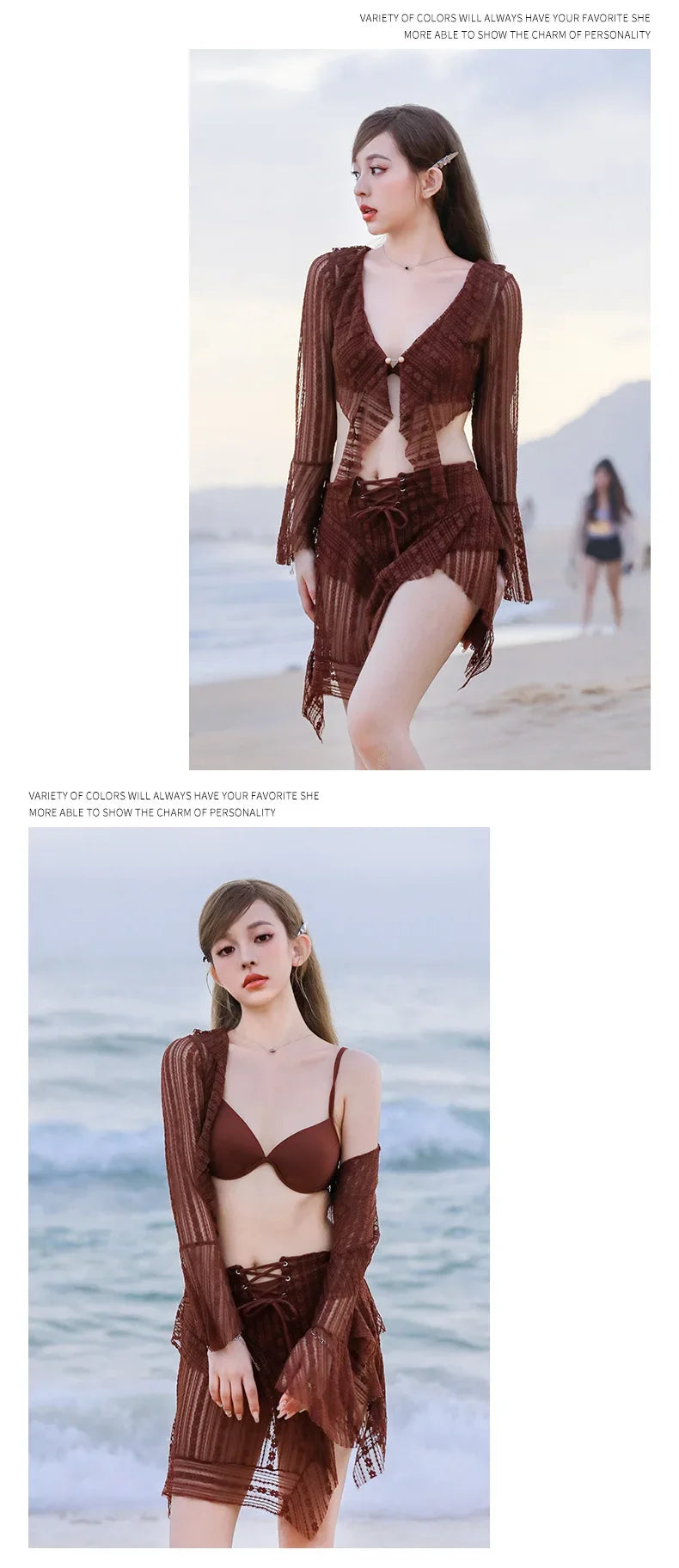Bikini Sets Women Long Sleeve Irregular Three Pieces Lace-up Summer Sun-proof Vintage European Style Sexy Swimwear Beach Outfit