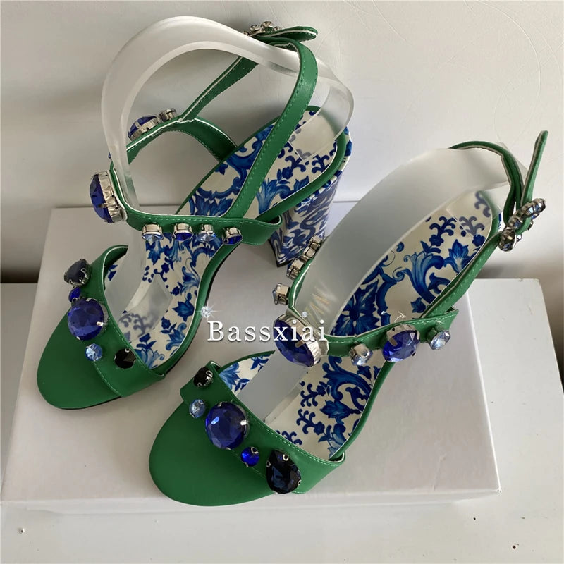 Luxury Diamond Crystal Decor Modern Sandals Women Blue And White Porcelain Print Ankle Strap Summer Shoes For Girls