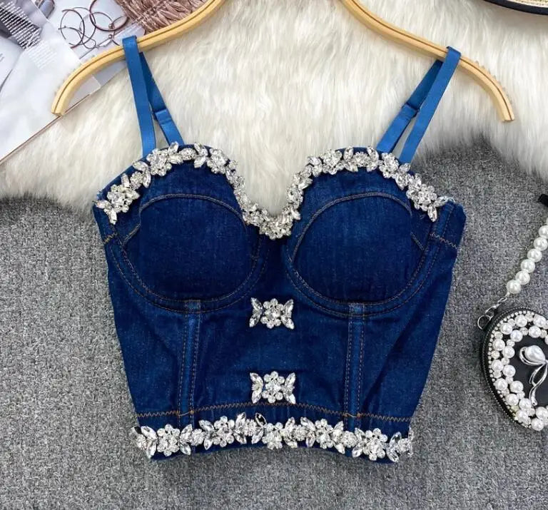Streetwear Diamonds Denim Vest Female Bra Sleeveless Backless Sexy Summer Tank Tops For Women Camisole y2k Crop Top 2025