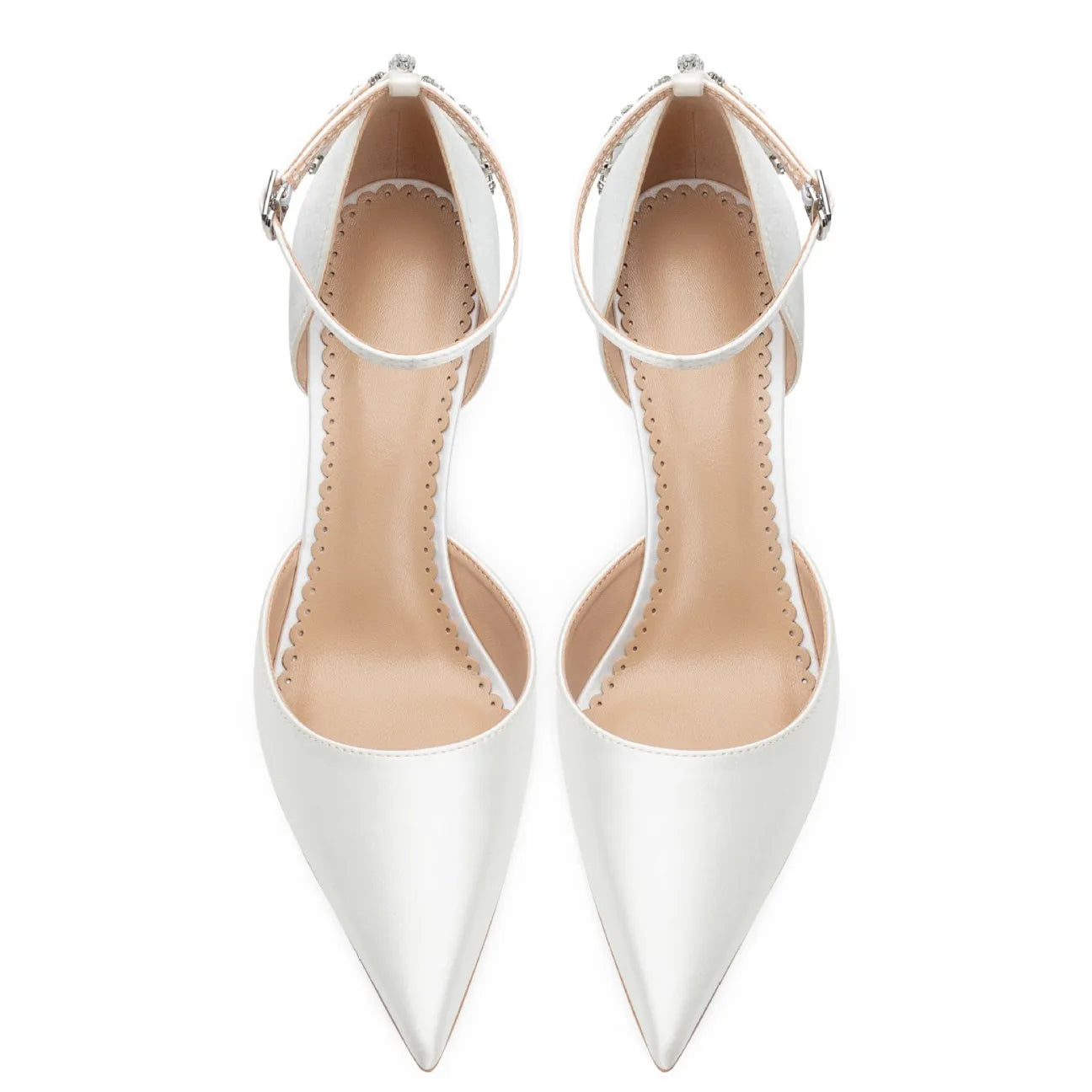 Baotou Hollow High Heel Women's Sandals Pointed Tip Thin Heel One-word Button Rhinestone Wedding Shoes Bridal Shoes