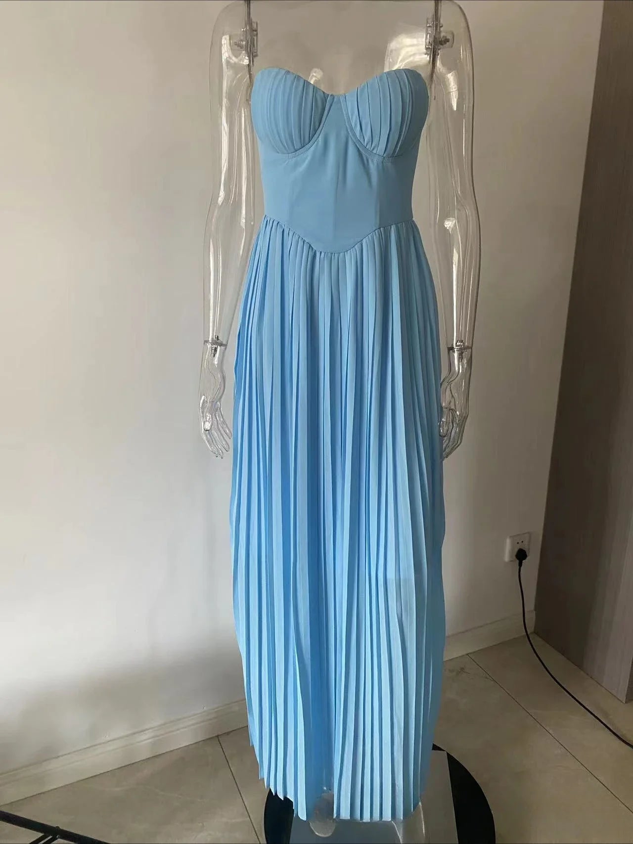 Mingmingxi Summer Elegant Strapless Chiffon Dress 2024 New Arrivals Blue Maxi Pleated Dress Fashion Casual Women's Clothing