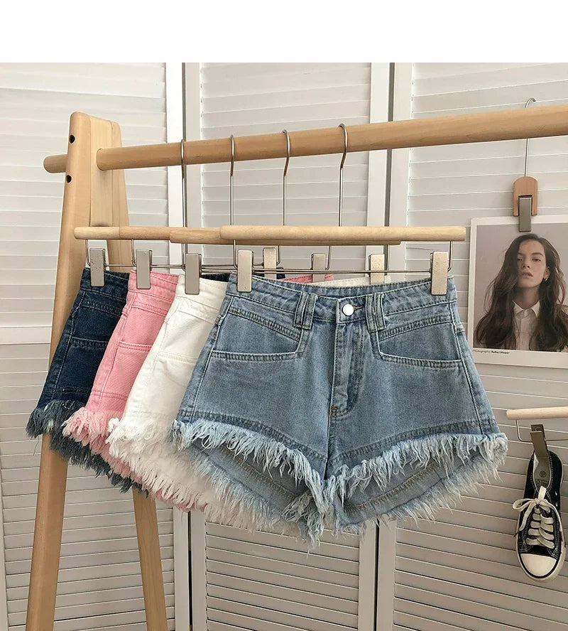 ITOOLIN Women Vintage Tassels Denim Shorts Button Loose High Waist A-line Jean Shorts Casual Women Office Trousers Streetwear