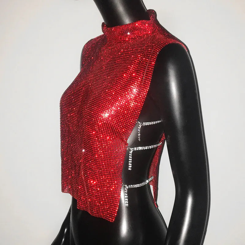 Sexy Rhinestone Backless Party Crop Top Women Glitter Turtleneck TShirt Adjustable Metal Chain Summer Nightculb Diamond Tank Top