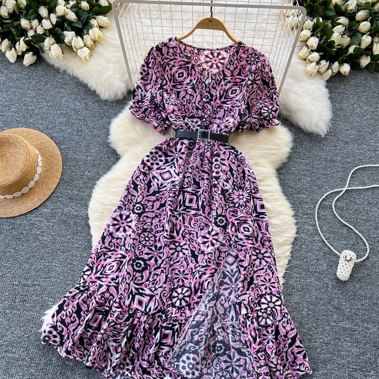 Summer Pleated Women Buttons Dresses Casual Beach Holiday Short Sleeve V Neck Woman Midi Dress Bohemian Mujer Vestidos