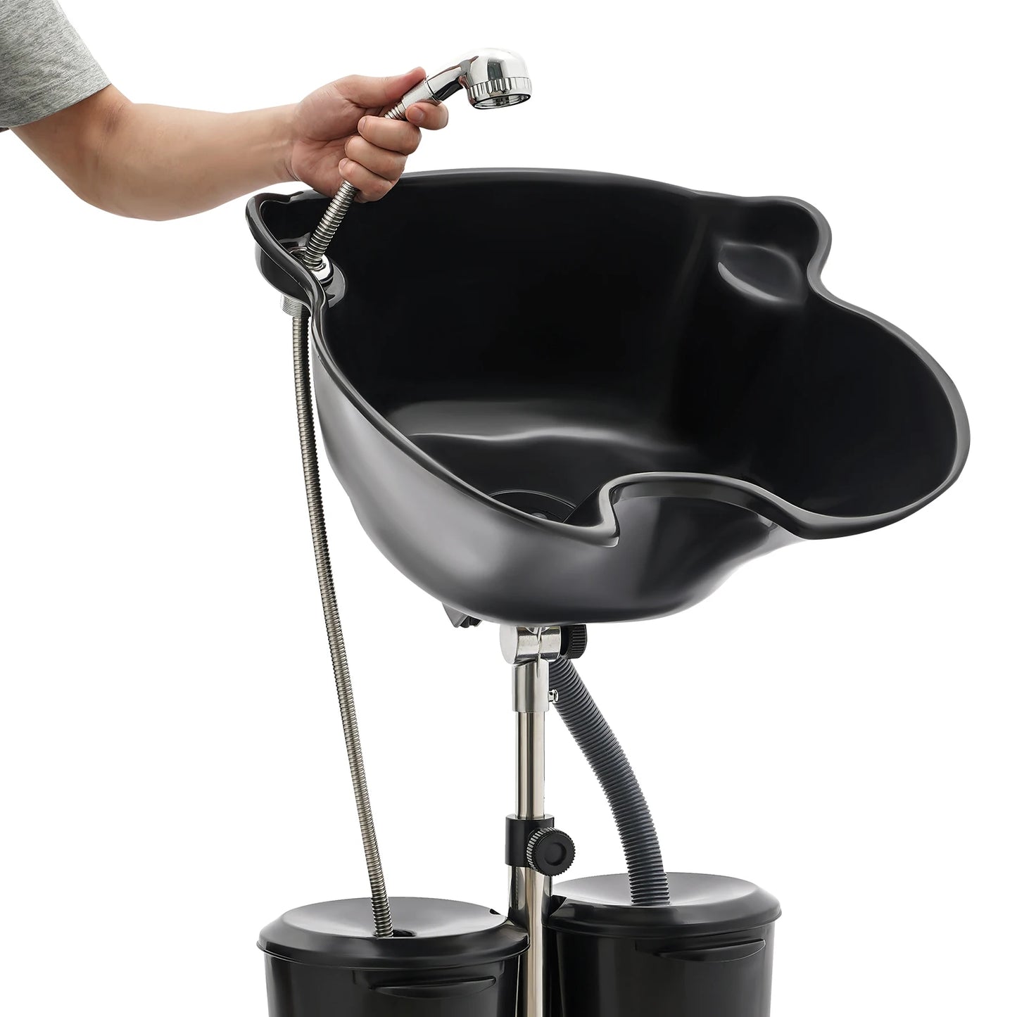 Portable Shampoo Basin with 2 Water Buckets 30cm Deep Salon Hair Washing Sink Adjustable Height Angle Mobile Shampoo Bowl Unit