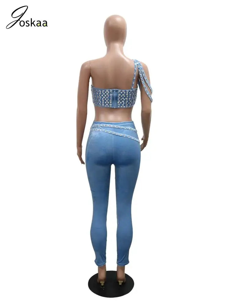Joskaa Women Velvet 2 Piece Sets Sexy Diamonds Wrap Chest Tank Tops and Pencil Pants Match Winter Party Club Outfits Streetwear