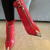 Belt Buckle Front Zipper Fashion Show Short Boots Women's Autumn Winter New Pointed Metal Decoration Red High Heels Ankle Boots