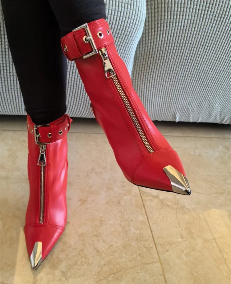 Belt Buckle Front Zipper Fashion Show Short Boots Women's Autumn Winter New Pointed Metal Decoration Red High Heels Ankle Boots