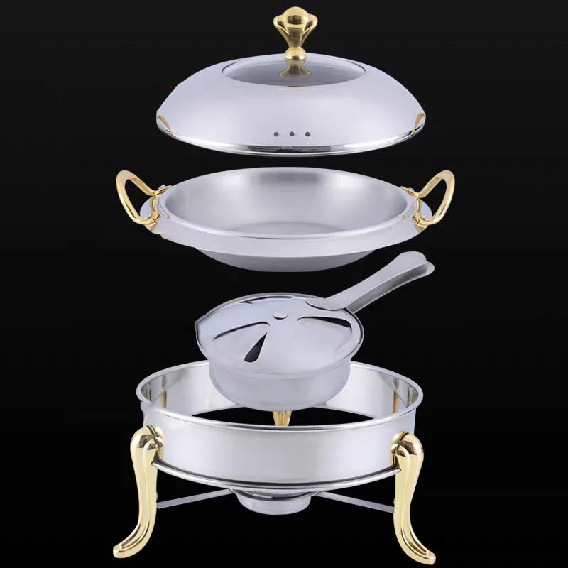 Dish Stainless Steel Cooking Round Buffet Warmer Tray Durable Frame with Lid Fuel Holder Cookware Set