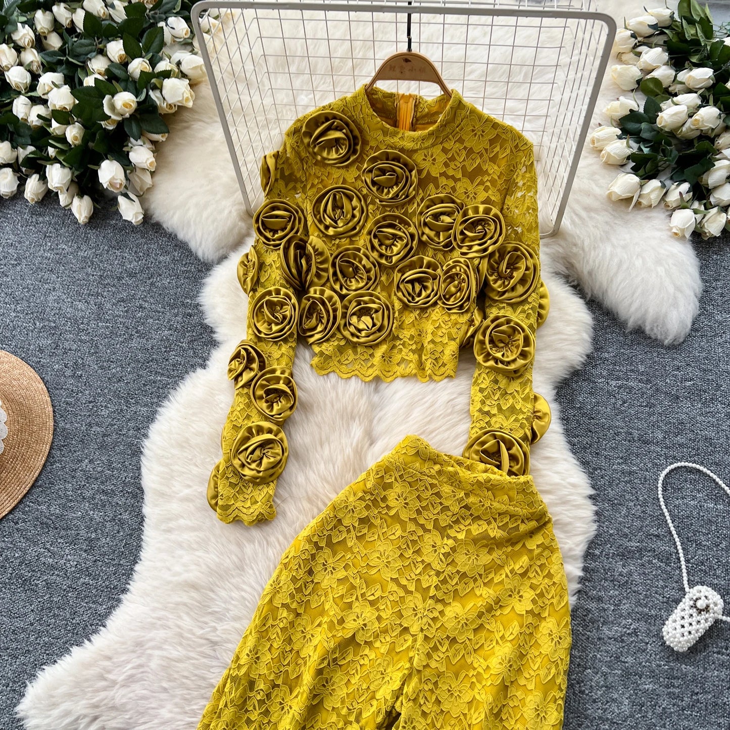 Women  Three-dimensional floral  loose T Shirt Bodycone Tops Female High Street Y2k Tops  Summer Two Piece Set