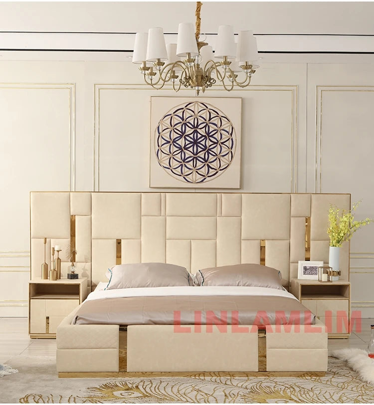 MANBAS Luxury Modern King Size Bed with Soft Upholstered Headboard and Storage Nightstands - Genuine Leather Bedroom Furniture