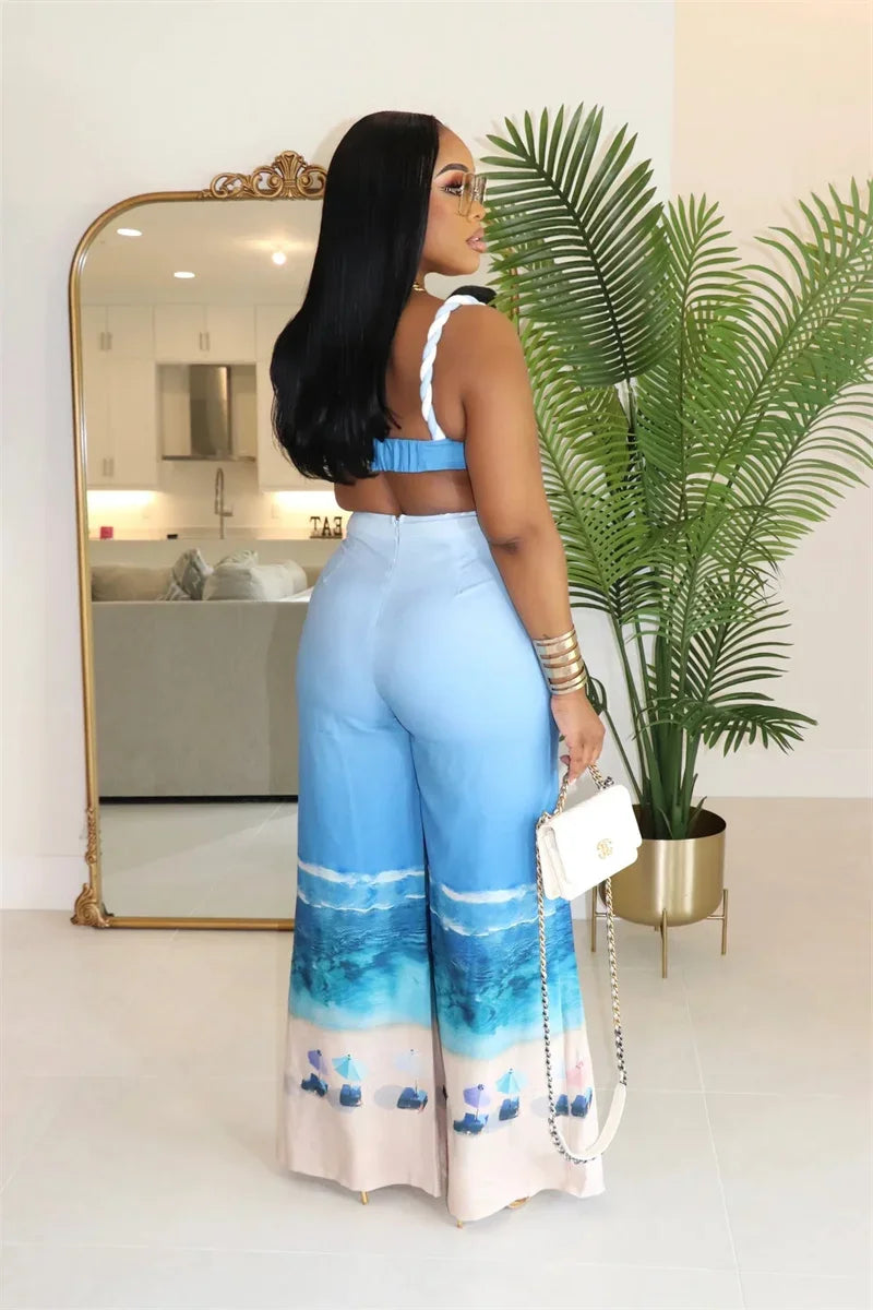 Sexy Nightclub Outfits for Women 2 Piece Set Birthday Vacation Bra Crop Top and Print Wide Leg Pants Matching Sets Beach Wear