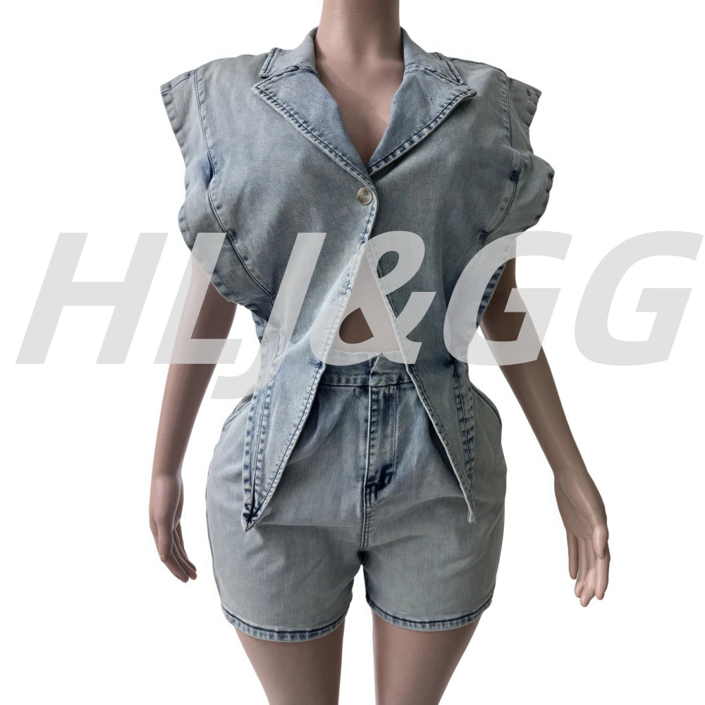 HLJ High-quality Fashion Denim Rompers Women Lapel Sleeveless Hollow Button One Piece Jumpsuits Female Streetwear Overalls New