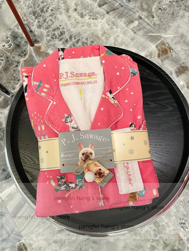 Pink Cartoon Print Pajamas Set Women Soft Sleepwear Cotton Shirt Pant Long Sleeve Autumn Home Clothing Christmas Party Gift