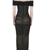 Beyprern Luxe Goddess Ruched Mesh Maxi Dress Elegant Women's Off Shoulder Pleated Bandage Beach Vacation Dress Holiday Outfits
