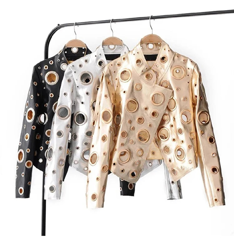 Lautaro Runway Cut Out Short Faux Leather Jacket Golden Rivet Cool Stylish Designer Clothes Women European American Fashion 2022