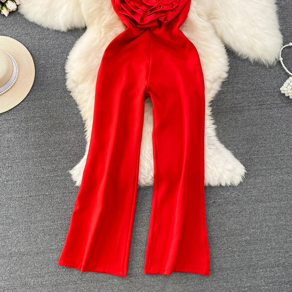 Elegant Floral Off Shoulder Top Jumpsuit with Vintage High Waist Casual Wide Leg Pants Fashion Summer Women Playsuit