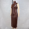 New Fashionable Solid Color Dark Brown High Neck PU Leather Sleeveless Waist Bag Hip Slit Dress For Women