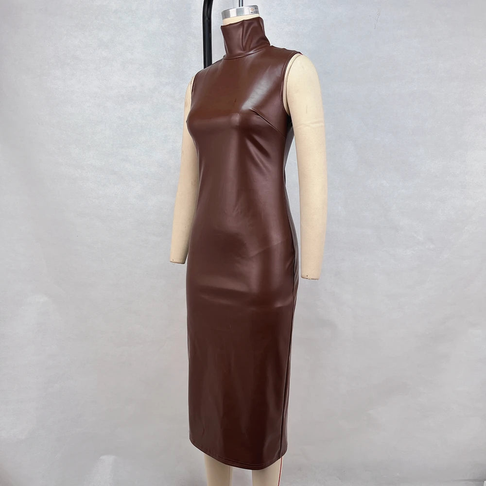 New Fashionable Solid Color Dark Brown High Neck PU Leather Sleeveless Waist Bag Hip Slit Dress For Women