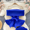 Women Vintage Two Pieces Skirt Sets Women Long Sleeve Sexy Slash Neck Bandage Ruffle Blouse Top and High Waist  Hip Wrap Skirt