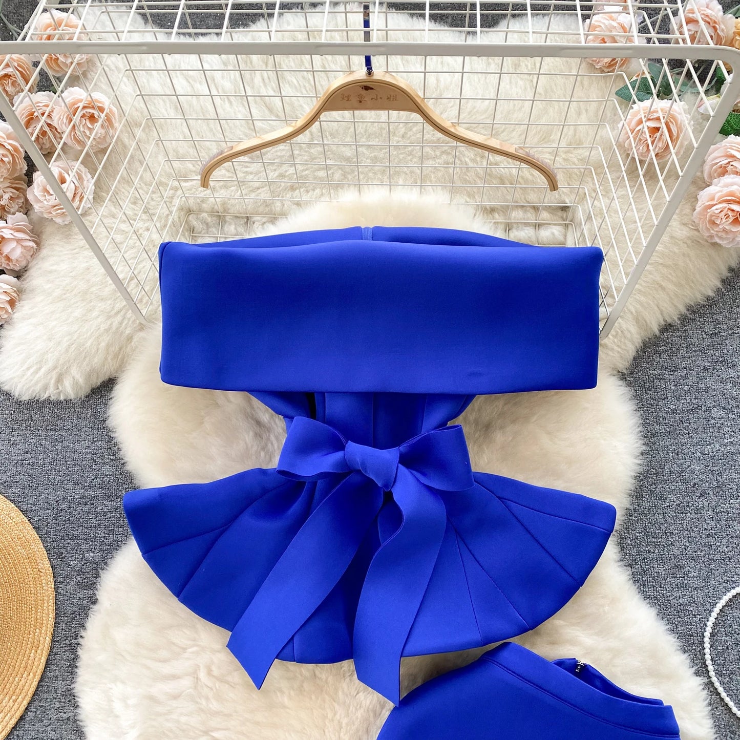 Women Vintage Two Pieces Skirt Sets Women Long Sleeve Sexy Slash Neck Bandage Ruffle Blouse Top and High Waist  Hip Wrap Skirt