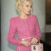 Modphy Autumn Fashion Rose Red Woolen Two Piece Set Women Golden Button Chain Belt Tweed Short Jacket Coat+Split Midi Skirt Suit