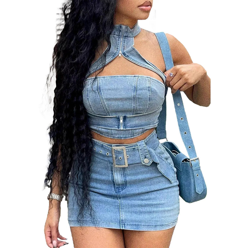 Jeanskleid-Sets Mini-Wickelkleid Po-Betonendes Kleid Schmal Geschnitten Einfarbig Zweiteiler Gürtel Sexy Pullover-Tops Verwaschen High Street Geteilt