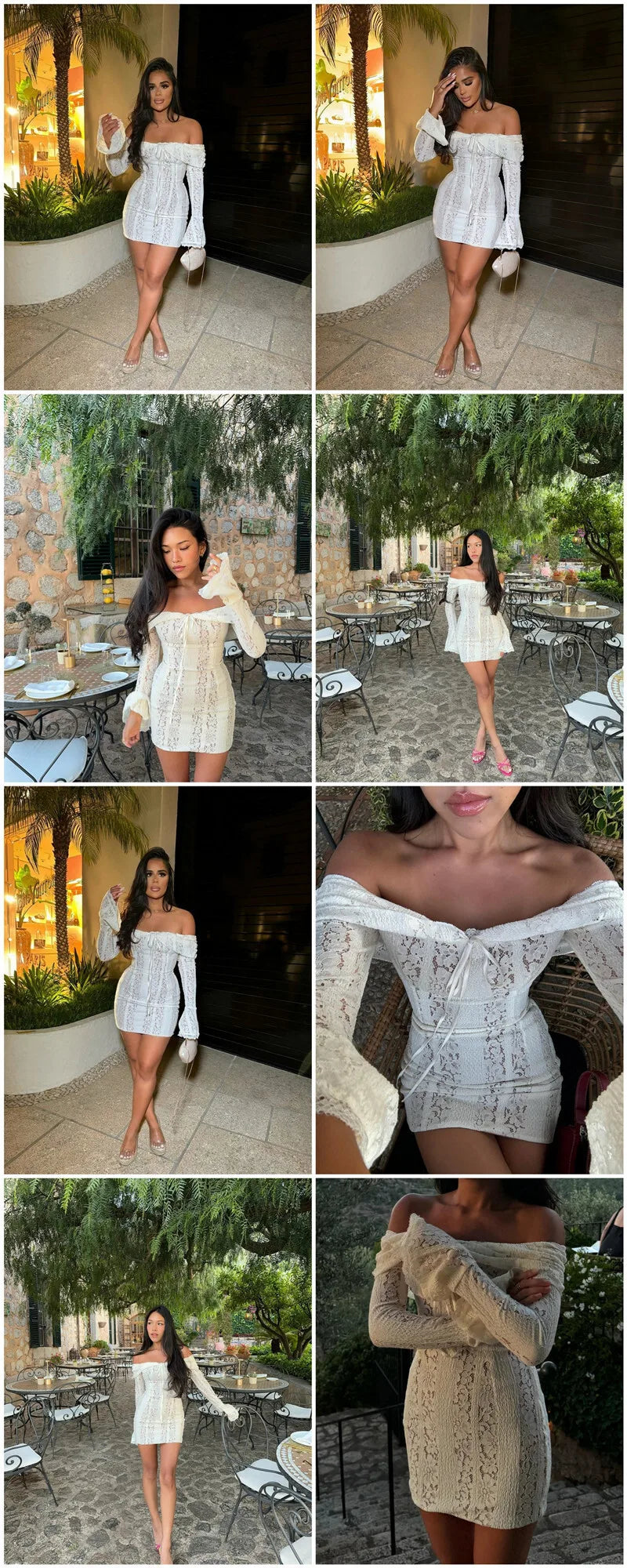 Mozision Floral Lace Off-shoulder Maxi Dress For Women White Strapless Backless Long Sleeve Bodycon Club Party Sexy Long Dress