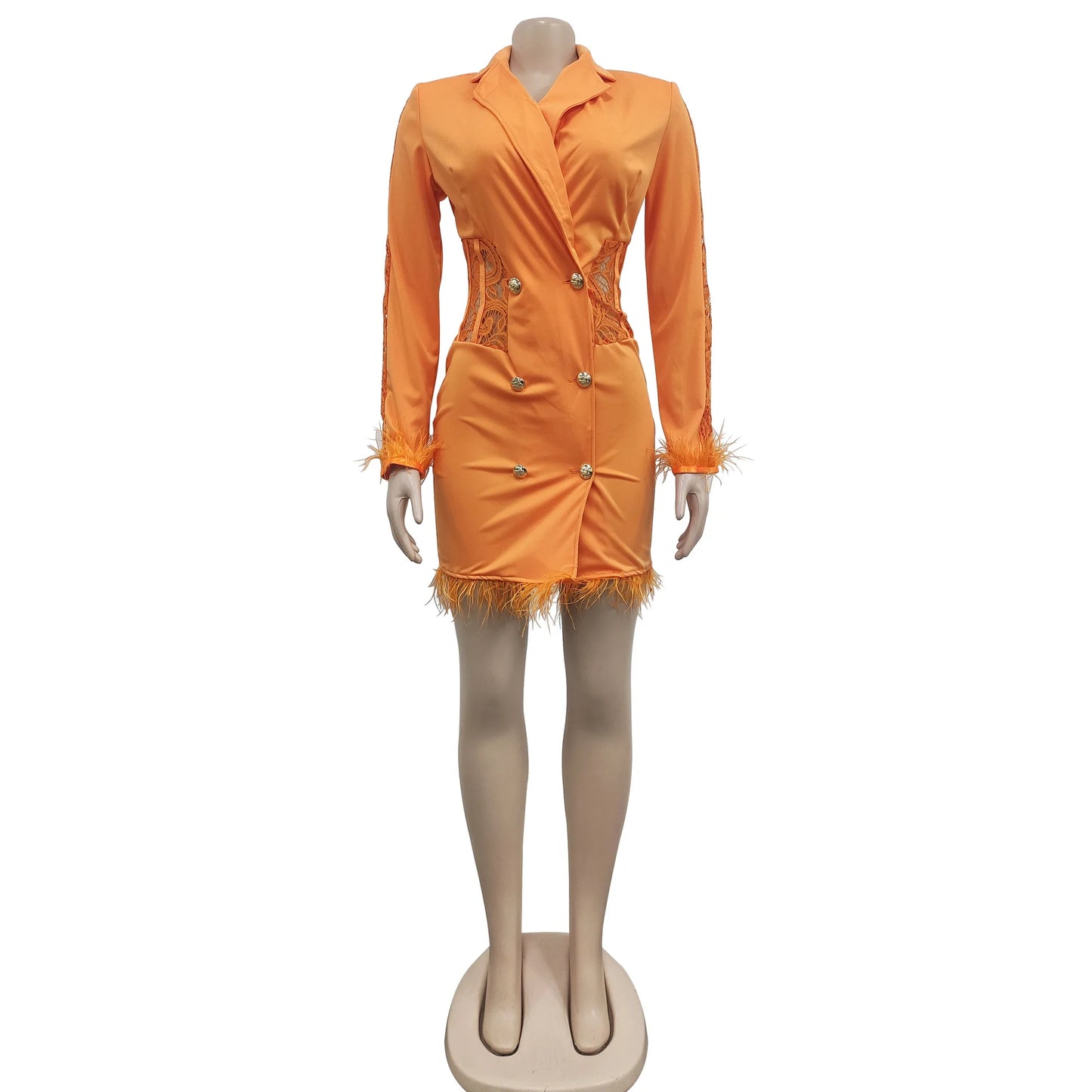 FANAN Elegant Women Double Breasted Tassel Hem and Long Sleeve Notched Collar Lace Waist Patchwork Blazer Dress Vestidos 2022