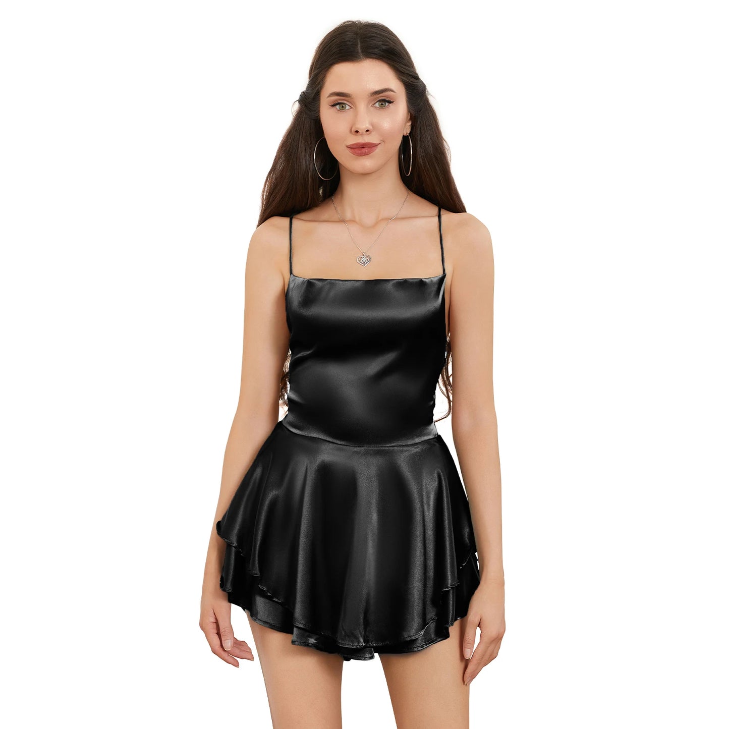 Women Solid Color Cami Playsuits Cowl Neck Sleeveless Short Jumpsuits Summer Cross Tie-Up Backless Satin Romper Clubwear