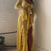 Summer slim-fitting see-through sexy hot girl dress elegant solid color V-neck strappy long sleeves ruffled slit long skirt