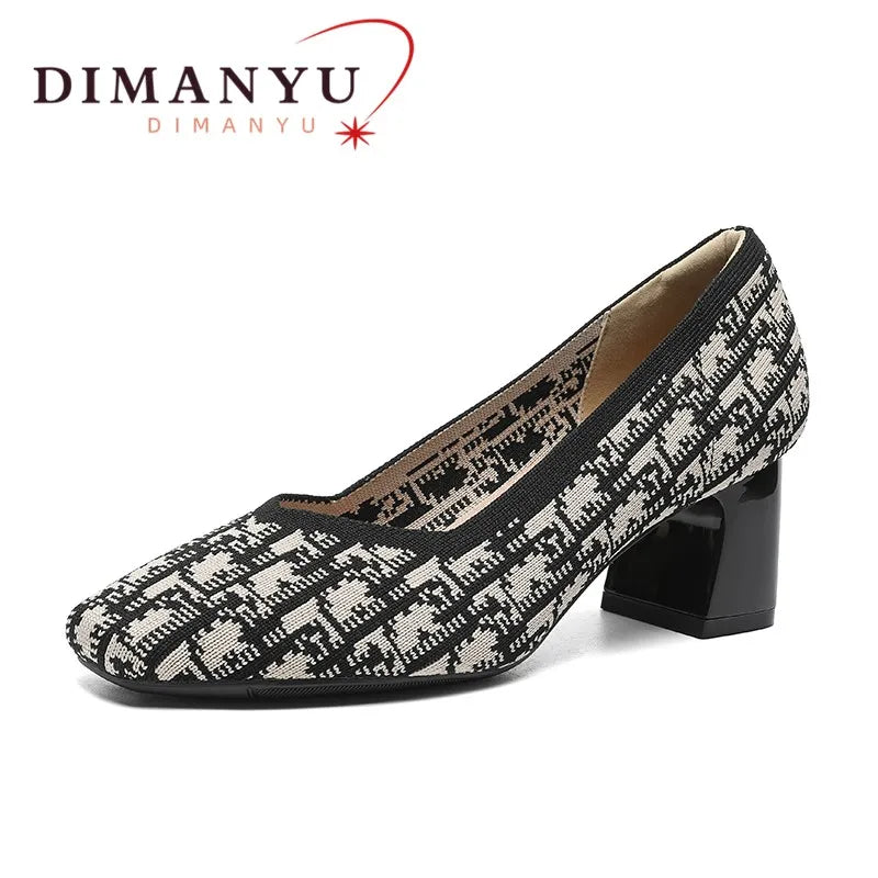 DIMANYU Women Dress Shoes Square Toe 2025 New Knitted High Heel Pumps Women's Fashion Shoes Large Size Women's Spring Shoes