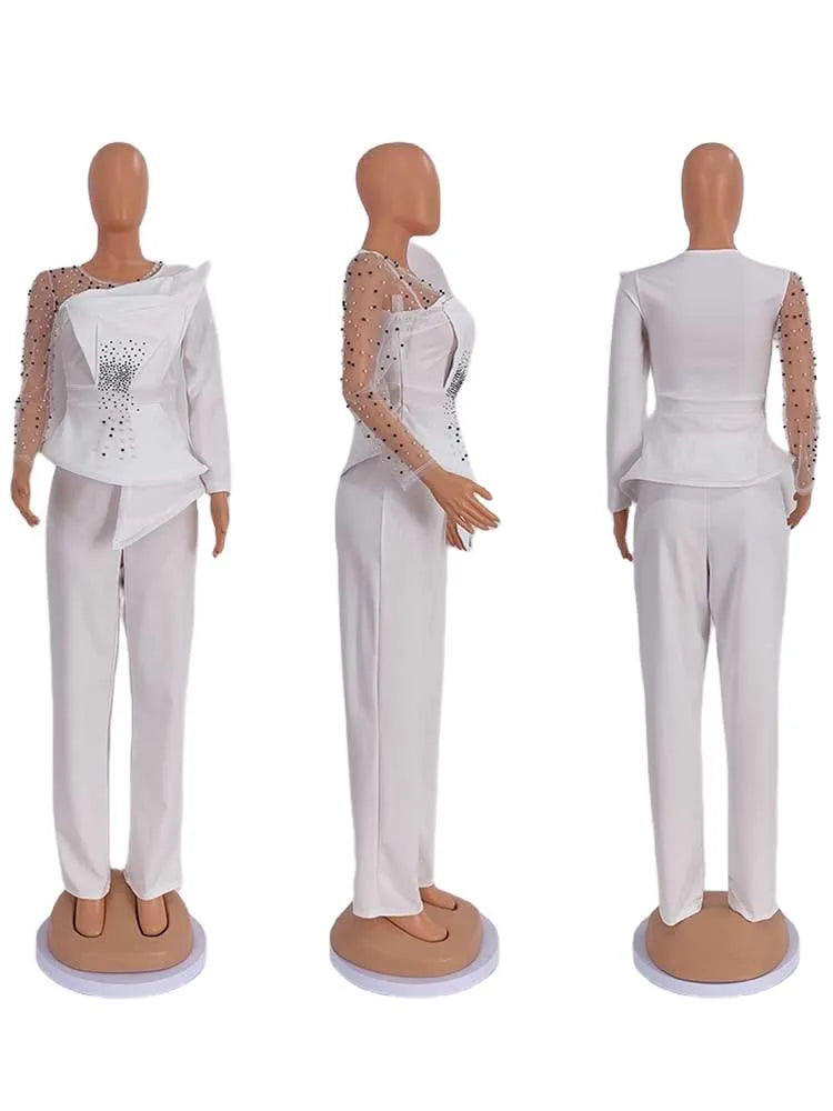 Spring 2 Pieces Set for Woman Pearl Top with Sleeves Pants Suit Women Outfit Elegant Classy Evening Wholesale Dropshipping