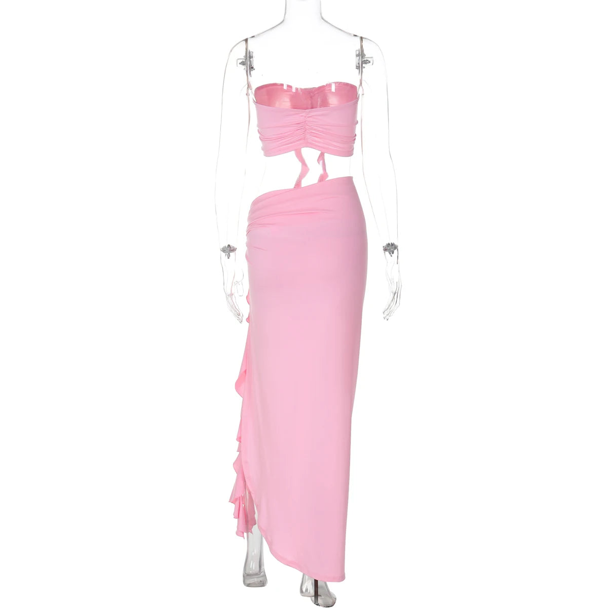 Hugcitar Fashion 2 Pcs Sets Strapless Tie Flower Draped Sexy Crop Tank Top Slit Tassel Maxi Skirt Women Outfit Festival Party