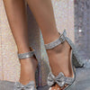 Liyke Fashion Sequined Bowknot Women Sandals Sexy Ankle Strap Gladiator High Heels Open Toe Party Dress Shoes Female Gold Silver