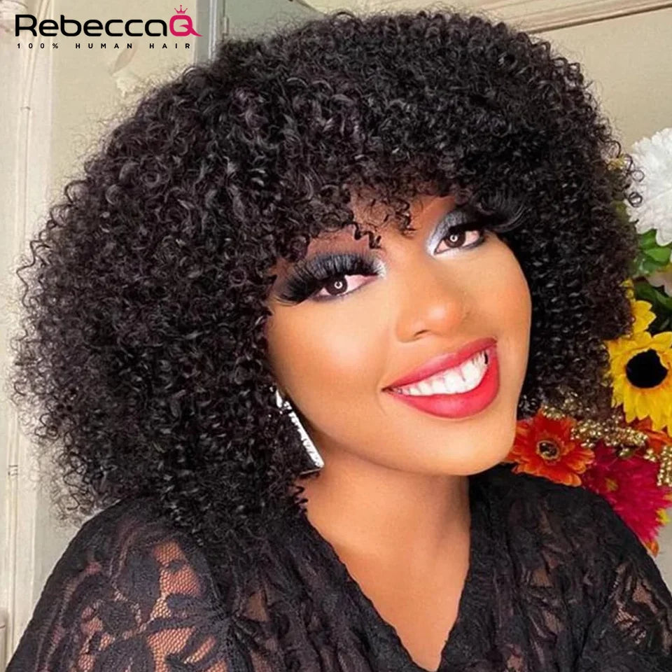 250D Brown Color Afro Kinky Curly Human Hair Wigs with Bangs Wear to go Glueless Wig Remy Brazilian Short Curly Human Hair Wig