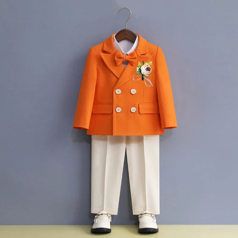 Boys Royal Blue Orange Suit For Wedding Kids Jacket Pants Bowtie Flower 4PCS Ceremony Tuxedo Dress Children Photograph Costume