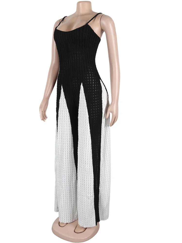 Beyprern Women's Patchwork Spaghetti Straps Knitted Wide Legs Jumpsuits One Piece Outfits Night Clubwear Female Workout Overalls