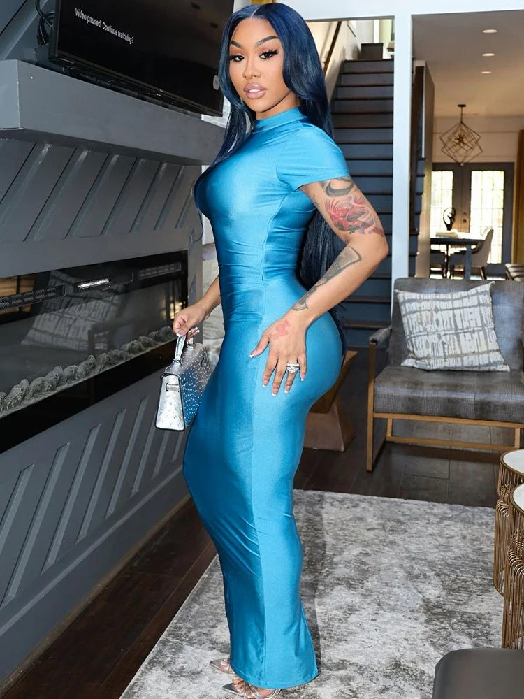 Hugcitar Pure Color O Neck Short Sleeve Slit Sexy Bodycon Slim Maxi Prom Dress 2024 Summer Women Elegant Party Festival Clothes